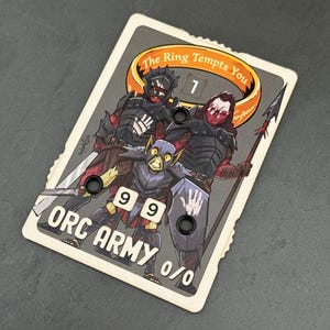 Puede incluir: Una carta de juego con ilustraciones de personajes Orcos de El Señor de los Anillos. La carta tiene el texto "The Ring Tempts You" y "Orc Army 0/0". Los Orcos están representados con armaduras y armas.