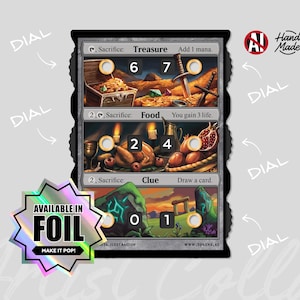 May include: A custom trading card game card with three sections. The top section depicts a treasure chest and a sword. The middle section shows a roasted chicken and pomegranates. The bottom section shows a green landscape. Text includes "Treasure", "Food", and "Clue".
