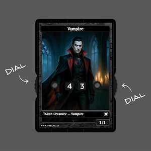 Könnte beinhalten: Eine schwarze und rote Vampire-Token-Karte mit einem Porträt eines Vampirs. Die Karte hat Zifferblätter zur Verfolgung von Statistiken und den Text "Token Creature - Vampire" und "1/1".