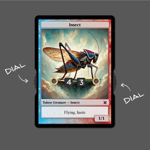 May include: A blue and red insect creature token card with the text "Insect" at the top and "Token Creature - Insect" in the middle. The card has a picture of a large blue and red grasshopper with wings. The card has the text "Flying, haste" and "1/1" at the bottom.