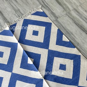 Blue Geometric Rug, Cotton Rug 9x12, Rug For Bedroom, 6x9 Wool Kilim Rug, Navy Blue Rug, Flatweave 9x12 Rug, 10x14 Rug, Cotton Kilim Rug 5x7