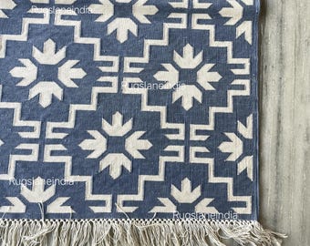 Blue Floral Kilim 9x12, White Flower 9x12, Navy Blue Kilim Rug, Blue Flatweave Rug, Blue Flower Rug, cotton Blue Rug 8x10, Indoor Blue Kilim