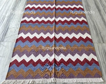 8x10 Multicolour Zigzag Cotton Rug, Flatweave Rug, Zigzag Pattern Rug, Panja Dhurrie Rug, Kilim Rug, Modern Rug, Modern Kilim Rug, 8x10 Rug