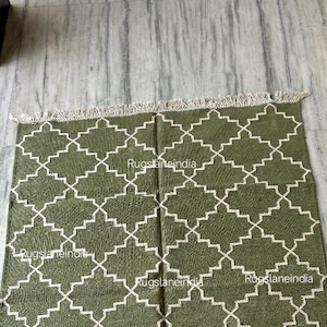 Green and White Flatweave Rug, Green Modern Kilim 6x9, Flatweave Green Colour Rug 8x10, Traditional Indoor Kilim, Cotton Flatweave Rug 9x12