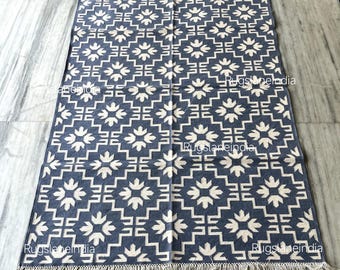 Blue Floral Kilim 9x12, White Flower 9x12, Navy Blue Kilim Rug, Blue Flatweave Rug, Blue Flower Rug, cotton Blue Rug 8x10, Indoor Blue Kilim