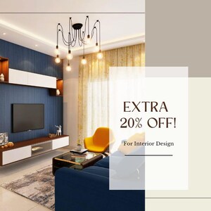 May include: A living room interior design with a blue wall, a television, a yellow armchair, and a couch. The text on the image reads "EXTRA 20% OFF! For Interior Design".