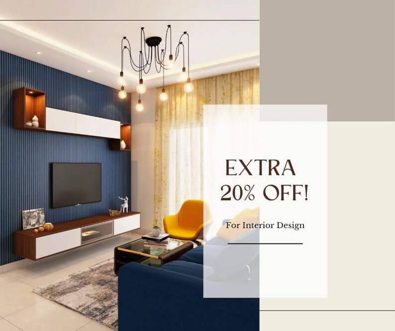 May include: A living room interior design with a blue wall, a television, a yellow armchair, and a couch. The text on the image reads "EXTRA 20% OFF! For Interior Design".