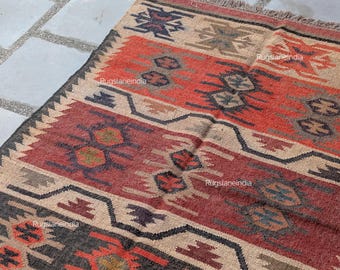 Red Navajo Kilim, Traditional Kilim Rug, Indian Red Kilim 9x12, Handmade Modern Kilim 8x10, Modern Jute Rug 6x9, Handwoven Navajo Rug,
