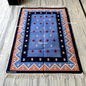 Blue Kilim 9x12 Rug, Handwoven Rug 8x10, Blue Kilim Rug For LivingRoom, Colourful Modern FlatweaveRug, Geometric KilimRug, Scandinavian Rug