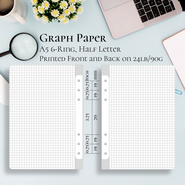 Graph Paper Inserts, Grid Filler Paper, Bullet Journal Pages ~ A5 Rings, Half Letter Size / 5.8" x 8.3" 24lb / 90g, 100 Sheets by Papetuum