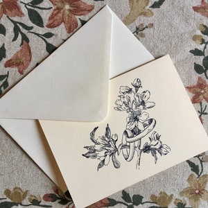 Blumen Hochzeit Ringe Gruß-Karte (blank innen) viktorianischen Vintage Ehe / Jahrestag Illustration