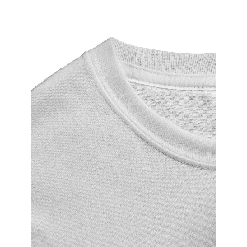 May include: Close-up of a white crew neck t-shirt. The collar is ribbed and the stitching is visible. The fabric appears to be a soft, lightweight material.
