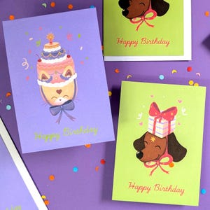 Birthday card- cat with cake/ dog with birthday present- funny, cute animal birthday card