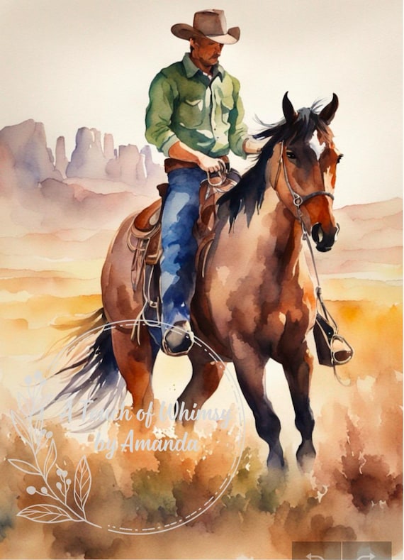 Cowboy Riding a Horse Watercolor Decoupage Rice Paper A4