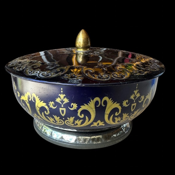 VINTAGE Embossed Footed Tin ENGLAND Blue & Gold 7" Diameter