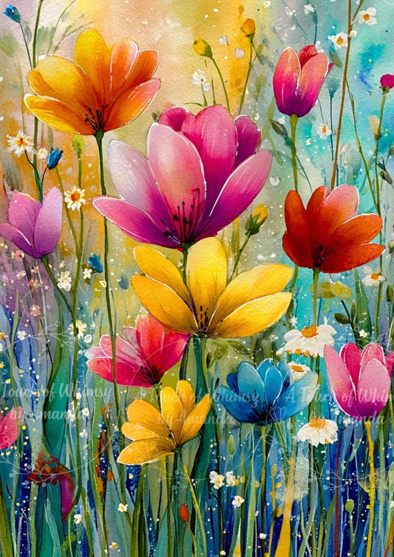 Whimsical Watercolor Painting of Bright Spring Flowers Spring Decoupage Tissue and A4 Rice Paper