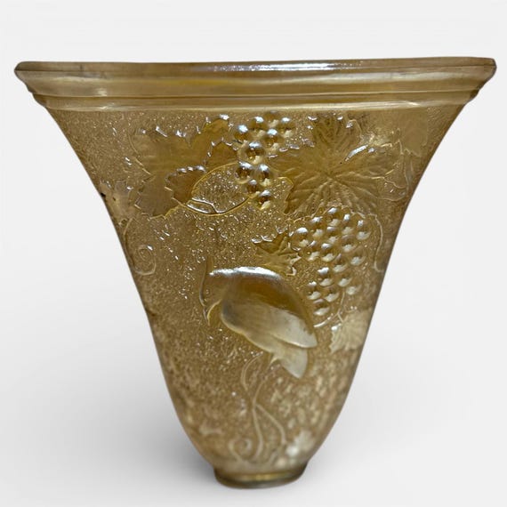 Dugan  Diamond Carnival Glass Marigold Cockatoo Bird & Grapes Wall Pocket Vase