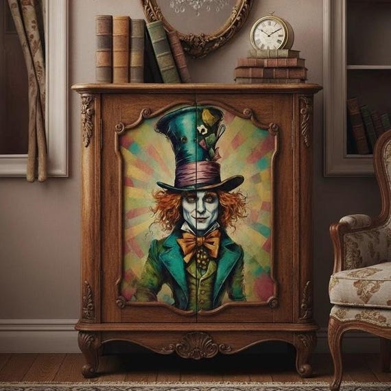 Mad Hatter Decoupage Paper | A4 Rice Paper | Vintage Tea Party Art | Alice in Wonderland Furniture Upcycle & Junk Journal Tissue