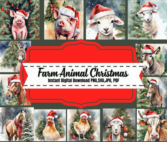 Christmas Farm Animal Clipart Bundle, Watercolor Santa Cow, Festive Pig,Sheep, Digital Download for Cricut & Sublimation  PNG,JPG,Pdf,SVG