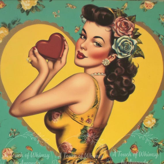 Pin Up Girl 1950s Vintage Art Print Floral Dress Love Valentine Heart Background l Decoupage Tissue and A4 Rice Paper