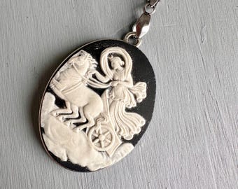 Unique Broken China Necklace - Vintage Black Wedgwood Jasperware Horse Chariot Goddess Silver Oval