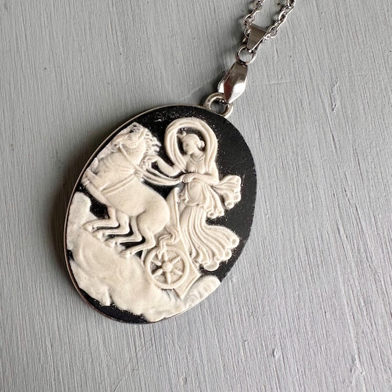 Unique Broken China Necklace - Vintage Black Wedgwood Jasperware Horse Chariot Goddess Silver Oval