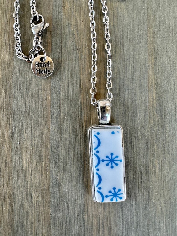 Corelle Snowflake Blue Necklace, Handmade Repurposed Upcycled Silver Necklace