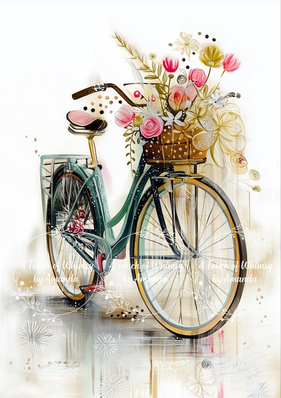 Whimsical Bicycle with Spring Florals Decoupage Tissue and A4 Rice Paper