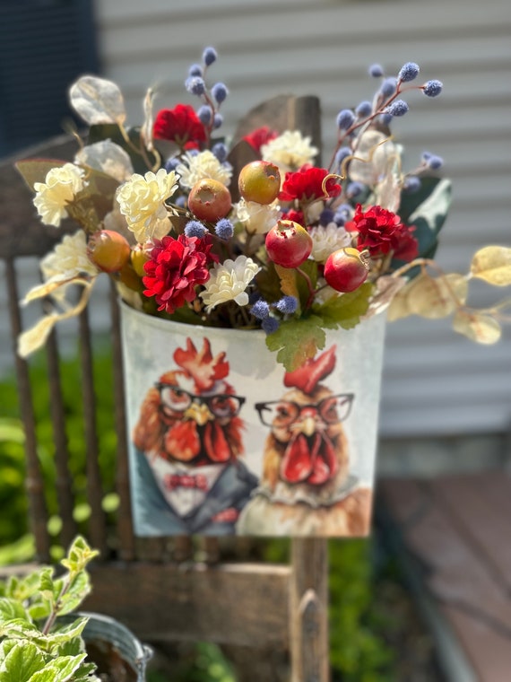 Mr and Mrs Cluck on Metal Wall Pocket Handpainted with florals