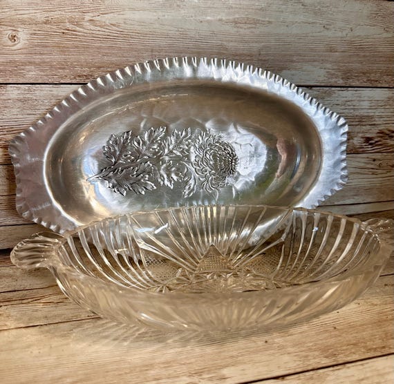 Vtg Hazel Atlas Relish Dish Bowl Glass Handles Fan Triangle and Aluminum Tray