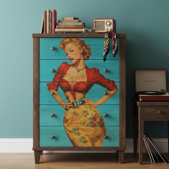 Pin Up Girl 1950s Vintage Art Print Floral Dress Turquoise Background l Decoupage Tissue and A4 Rice Paper