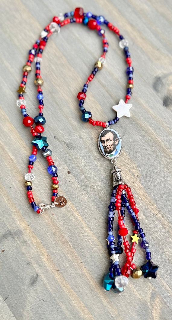 President Abraham Lincoln Patriotic long beaded necklace, 4th of July