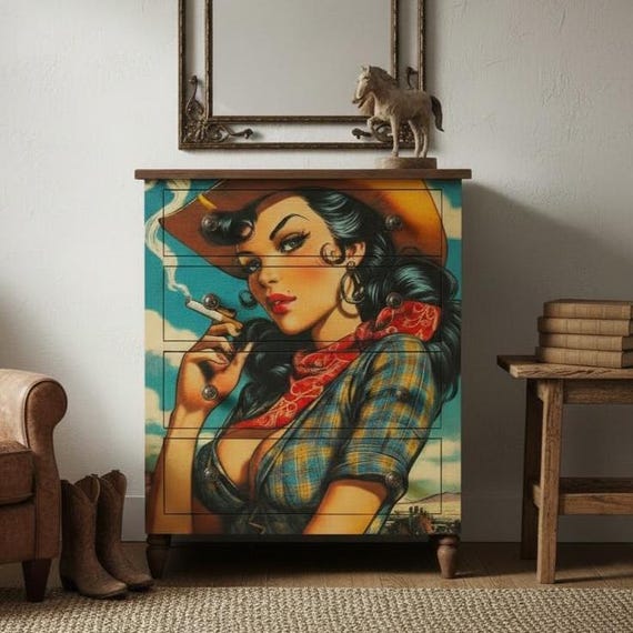 Western Pin Up Girl Decoupage Paper - Cowgirl - Rice Paper A4 - Wild West - Retro Furniture Upcycle - Junk Journal - Vintage Saloon