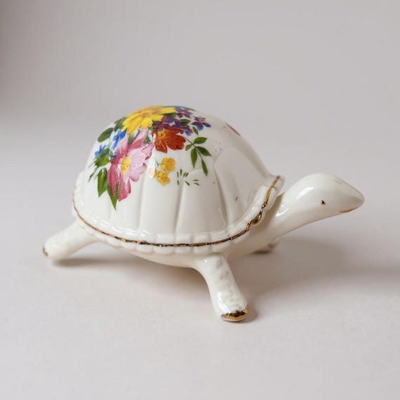 Vintage Left on turtle trinket box, bone china with flower Detail