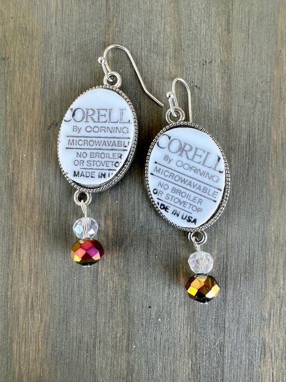 Unique Vintage Correlle Plate Logo/label china silver bezel earrings with  iridescent beads