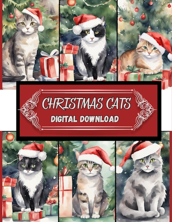 Christmas Cats Clipart Bundle, Watercolor Santa Kitty PNG, Festive Cat Under Tree SVG, Digital Download, Jpg, PDF