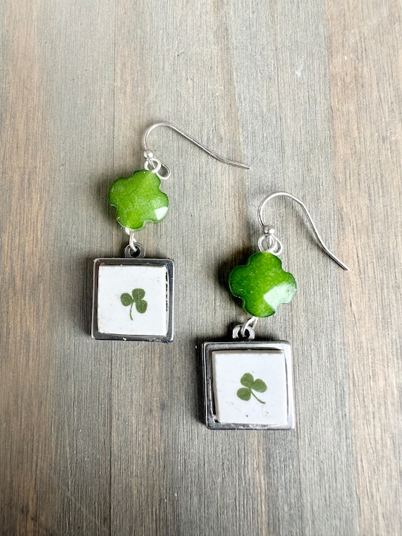 Charming St Patrick’s day broken china earrings made with Rosanna plate