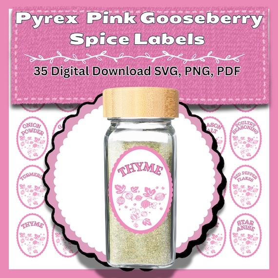Pink Gooseberry Spice Labels, Vintage Pyrex SVG, Retro 50s Kitchen Stickers, MCM Pantry Jar Decals, Pink Kitchen Decor, Digital Download