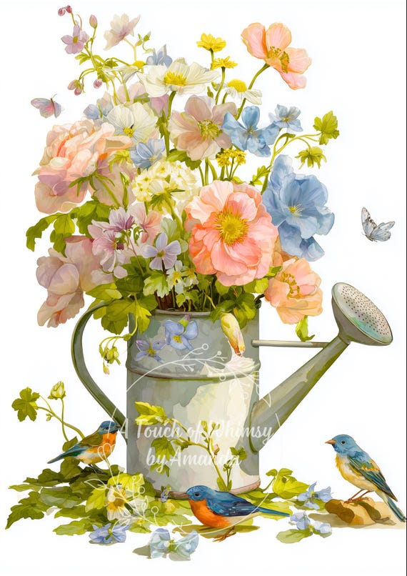 Watering Can with Spring Bouquet with Butterflies and Birds Decoupage Tissue and A4 Rice Paper