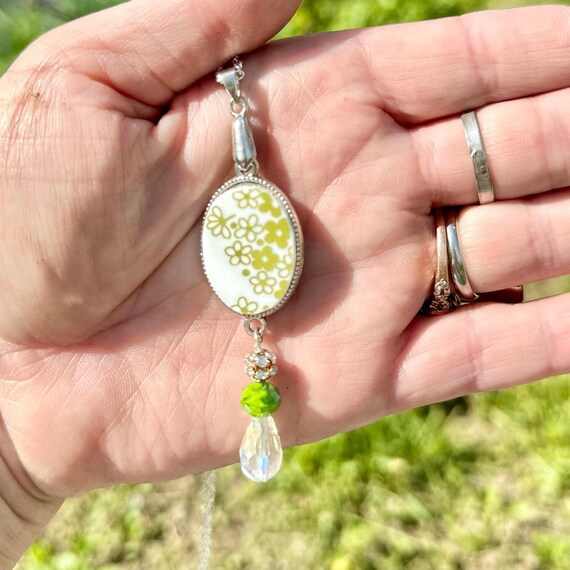 Corelle Spring Blossom Pendant Necklace, Repurposed Plate Jewelry, 1970s