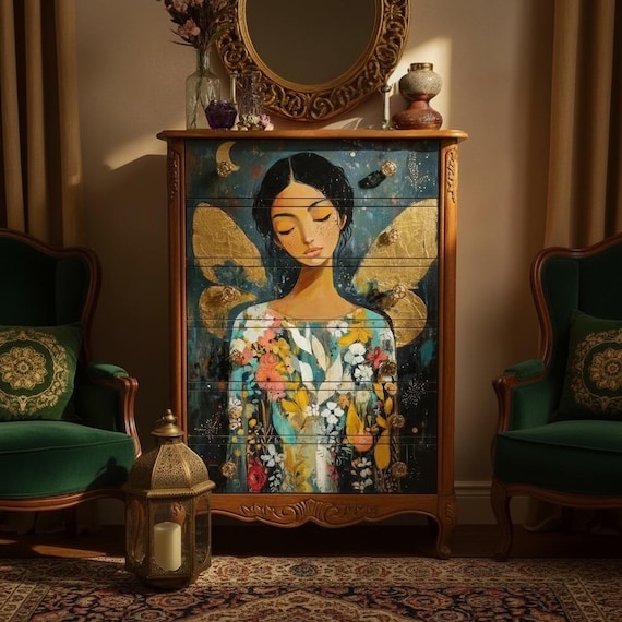 Fairy with Metallic Gold Wings Decoupage Rice Paper A4 - Mixed Media Fantasy Art for Furniture Upcycling, DIY Crafts & Enchanted Home Decor