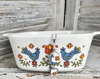 Unique 1970s Country Festival Corningware Statement  double pendant necklace