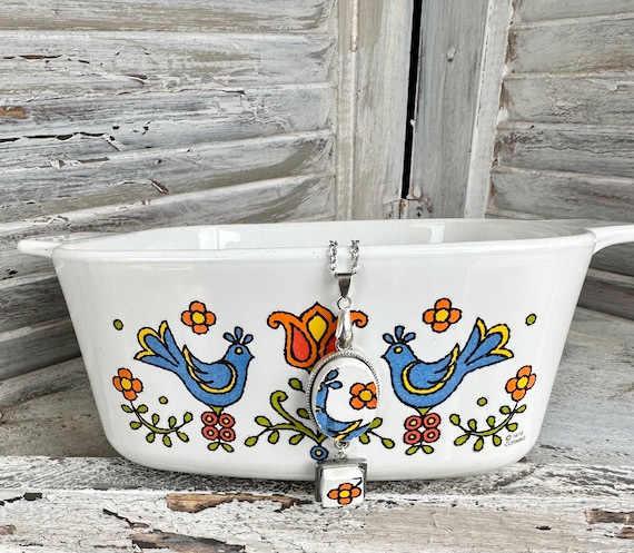 Unique 1970s Country Festival Corningware Statement  double pendant necklace
