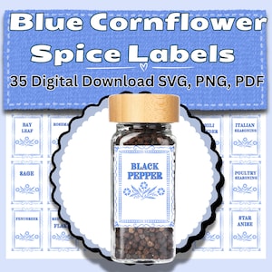 Korenbloemblauw kruidenlabels, CorningWare-patroon SVG, vintage retro keukenstickers, blauwe bloemen Jar-stickers uit het midden van de eeuw, digitale download