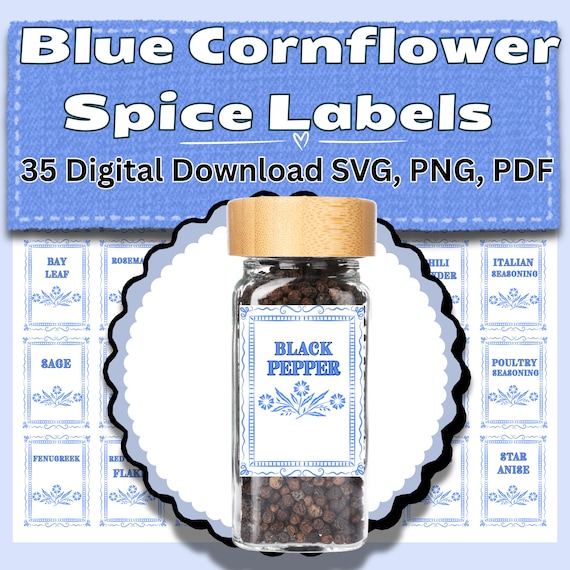 Cornflower Blue Spice Labels, CorningWare Pattern SVG, Vintage Retro Kitchen Stickers, Mid Century Blue Floral Jar Decals, Digital Download