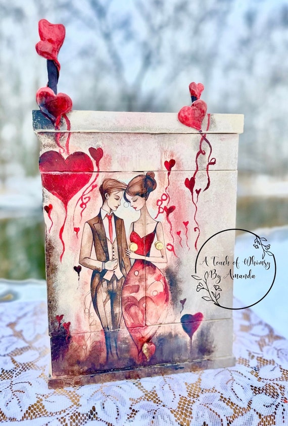 Hand-Painted Vintage Wood Jewelry Box, Valentine's Day Armoire
