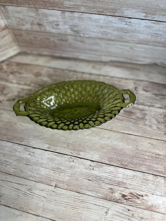 Vintage Indiana Glass Avocado Green Honeycomb Relish Dish