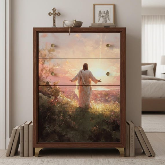 Jesus on Mountain Decoupage Rice Paper A4 - Sun & Floral Christian Art for Furniture Upcycling, Mixed Media Spiritual DIY Home Decor Craft