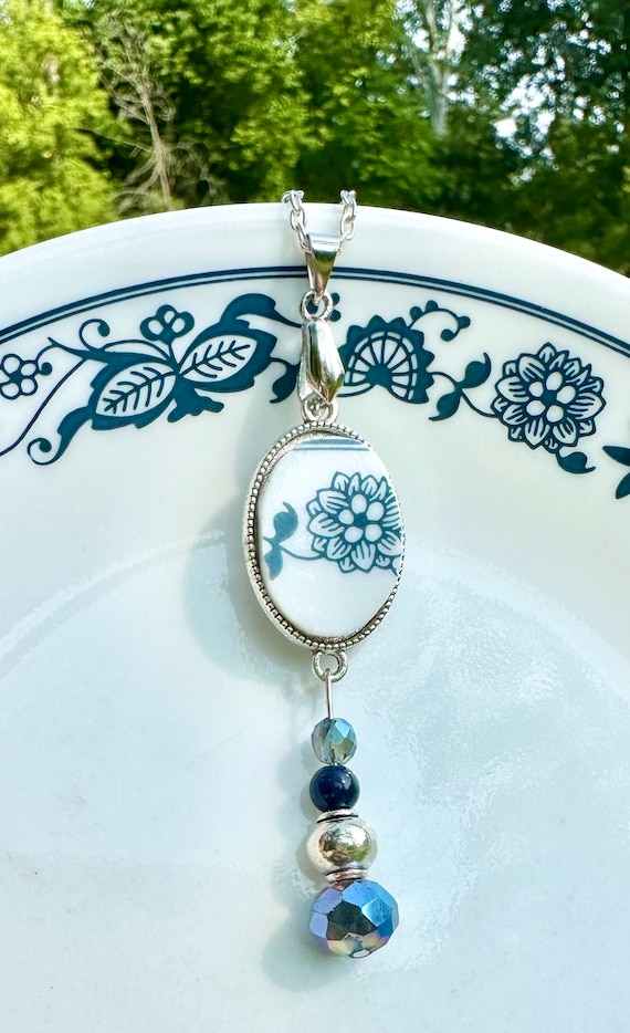 Repurposed Corelle China Pendant Necklace, 1970s Old Town Blue, Silver & Glass