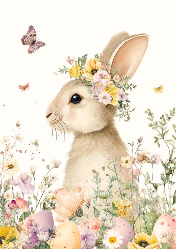 Whimsical Watercolor Painting Bunny Rabbit with Spring florals and Flower Crown Decoupage and A4 Rice Paper